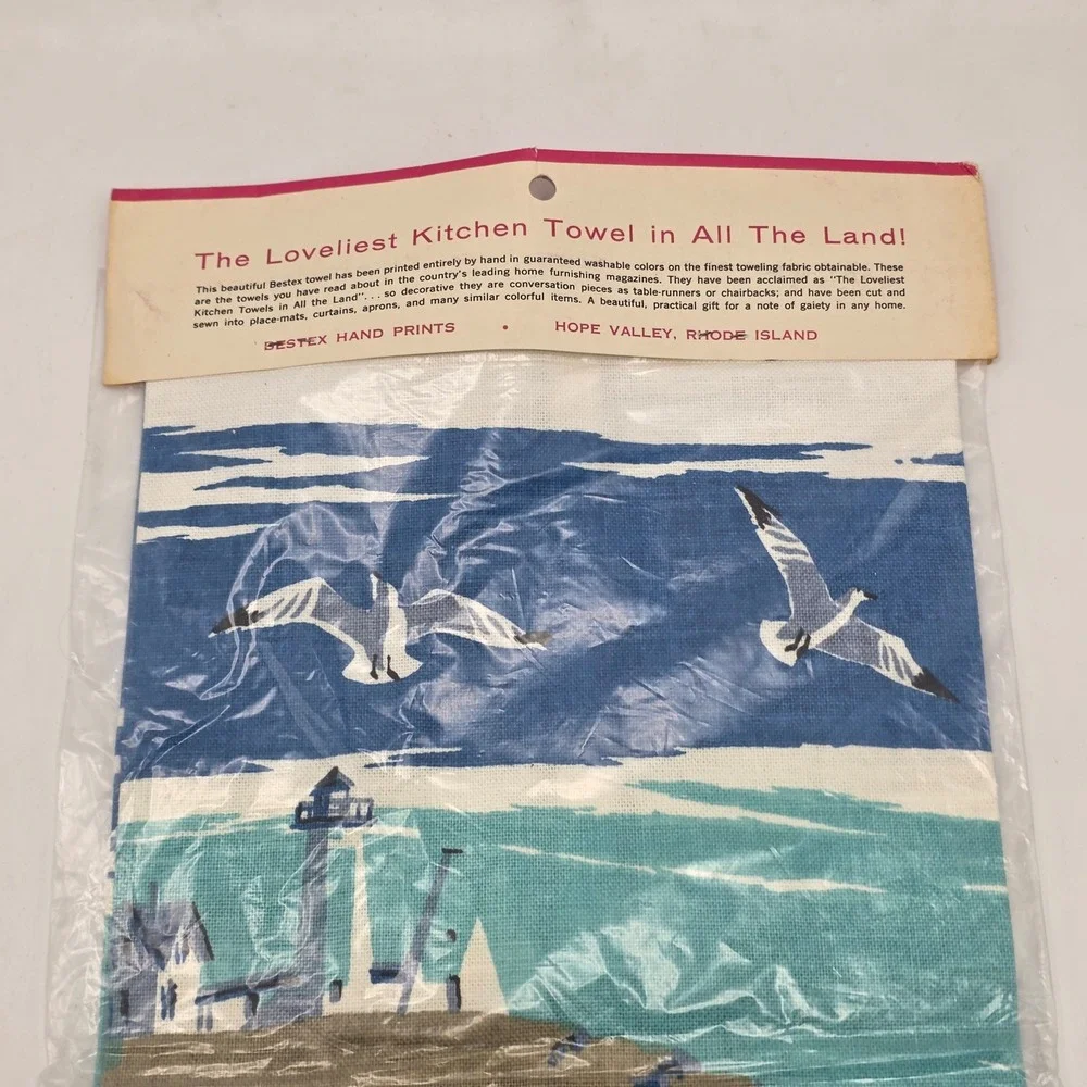 Kitchen Towel Vintage‎ MCM Coastal Blue Sailboat Lighthouse Beach Decor NOS